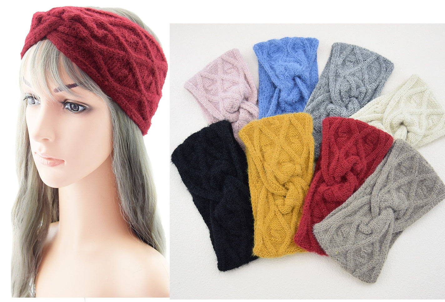 Grid Fluffy Thick Twisted Knitted Braids Wide Headband Head Wrap Elastic Wool Ear Hairband Turban