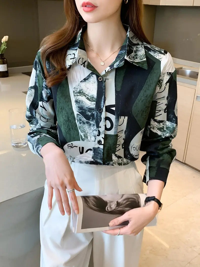 Geometric Letters Print Satin Shirt Soft Silky Blouse