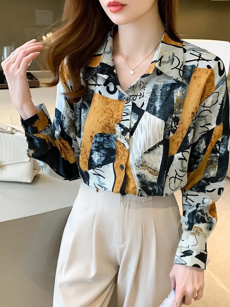 Geometric Letters Print Satin Shirt Soft Silky Blouse