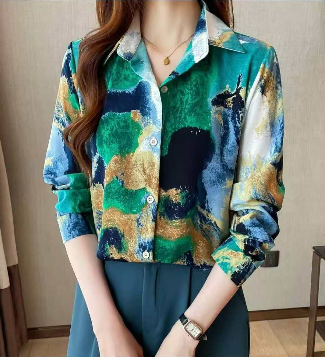 Inky Turquoise Artistic Print Vintage Style Shirt one size fits UK 8-12