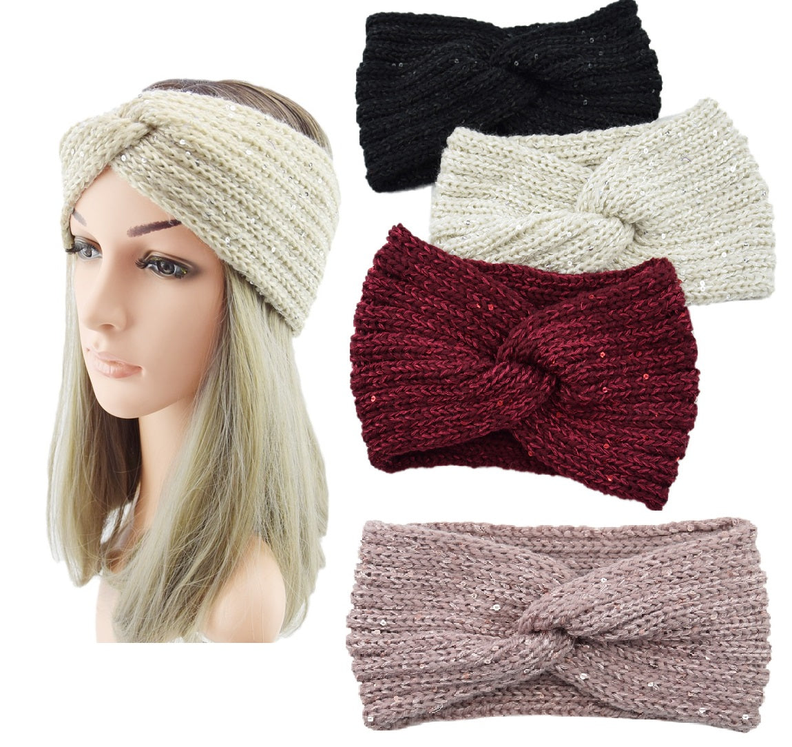 Sequin Knitted Braids Wide Headband Head Wrap Elastic Wool Ear Hairband Turban Twisted