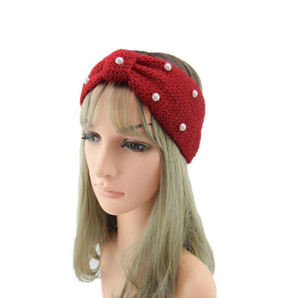 Pearl Twisted Knotted Knitted Braids Wide Headband Head Wrap Elastic Wool Ear Hairband Turban