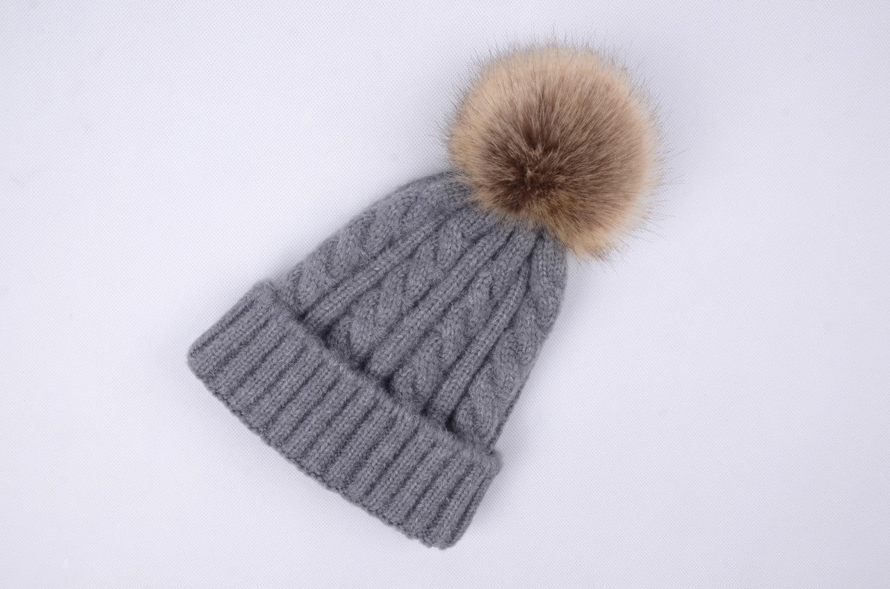 Womens Kids Ladies Knitted Winter Beanie Hat Large Faux Fur Detachable Pom pom