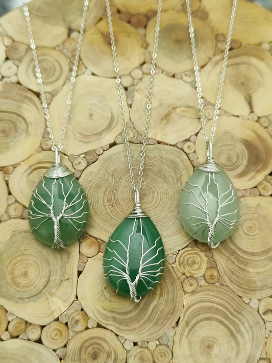 Green Aventurine Hand Wired Rain Drop Tree of Life Crystal Necklace Healing Gemstone Jewellery Natural Stone Boho Gift Crystal point