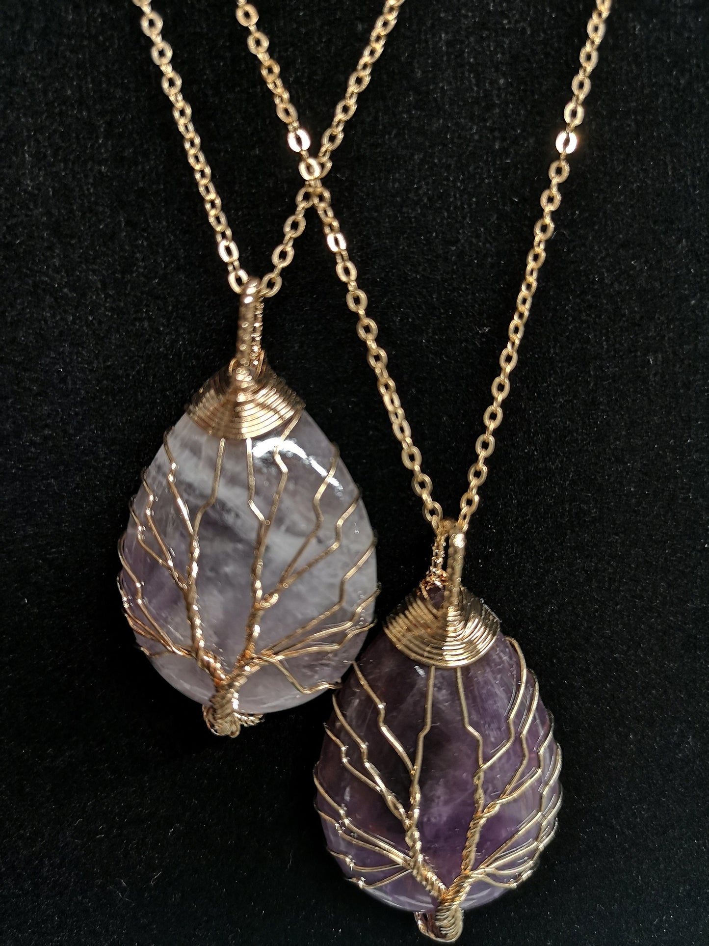 Amethyst Gold Wired Rain Drop Tree of Life Crystal Necklace Healing Gemstone Jewellery Natural Stone Boho Gift Crystal point