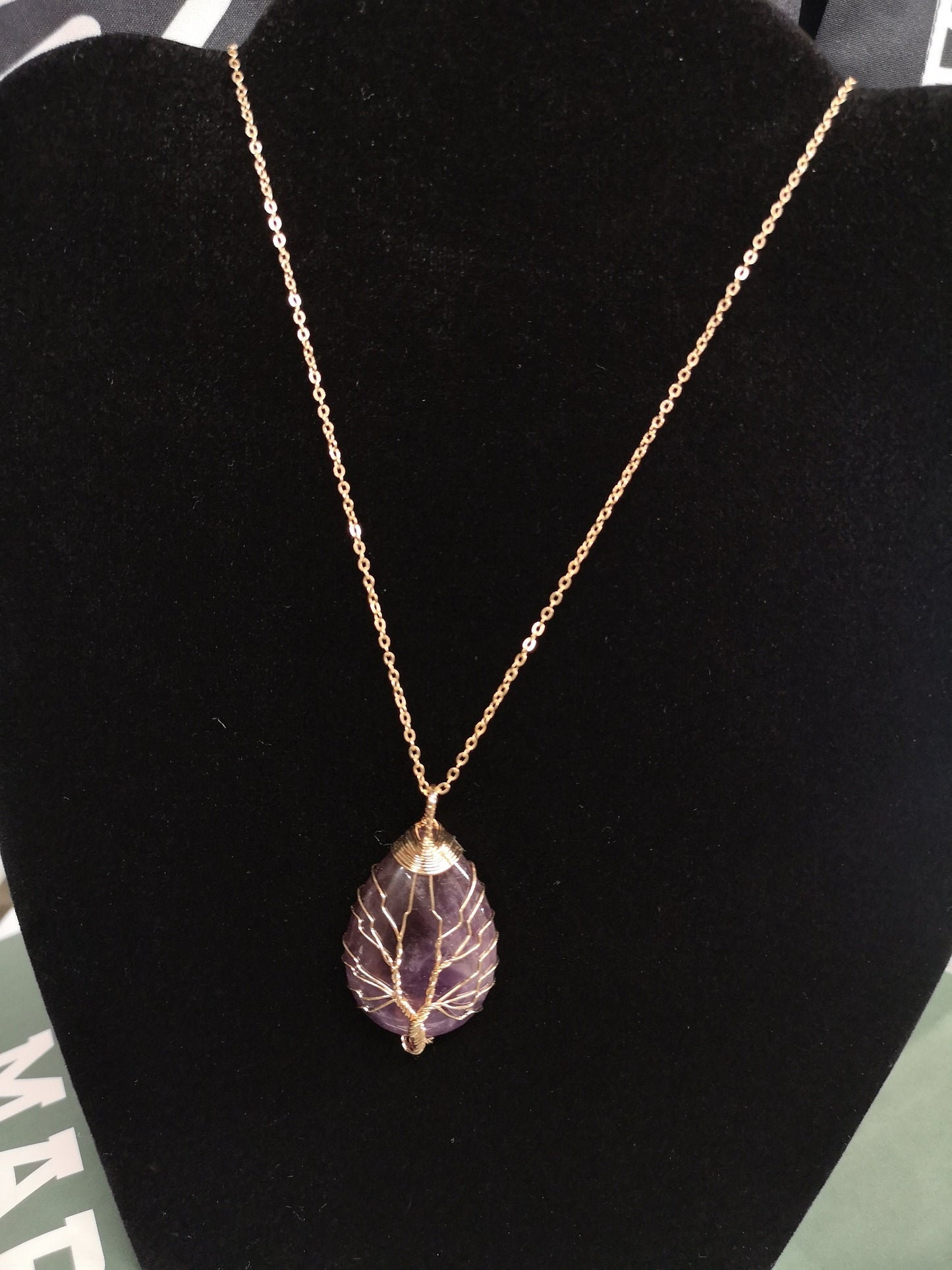 Amethyst Gold Wired Rain Drop Tree of Life Crystal Necklace Healing Gemstone Jewellery Natural Stone Boho Gift Crystal point