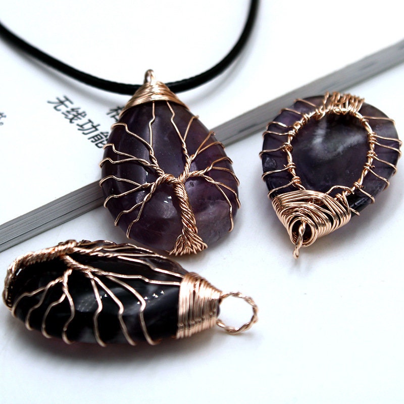 Amethyst Gold Wired Rain Drop Tree of Life Crystal Necklace Healing Gemstone Jewellery Natural Stone Boho Gift Crystal point