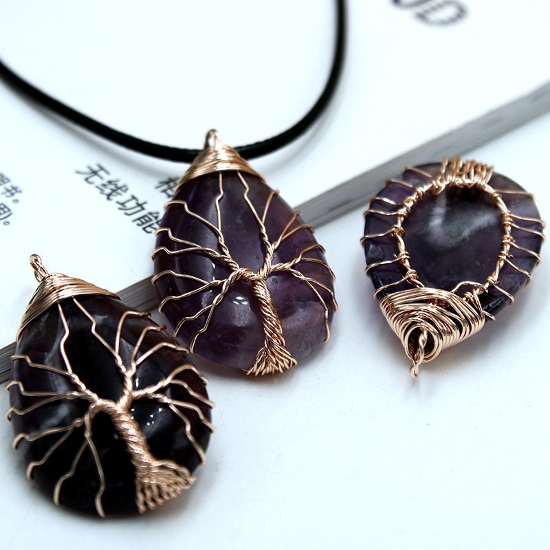 Amethyst Gold Wired Rain Drop Tree of Life Crystal Necklace Healing Gemstone Jewellery Natural Stone Boho Gift Crystal point