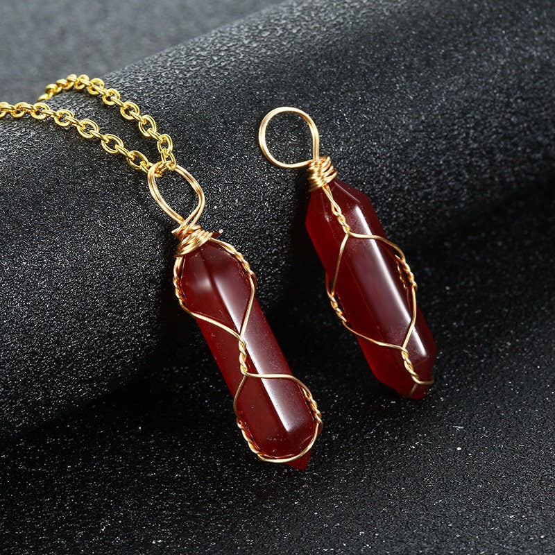 Carnelian hexagon gold wired crystal necklace pendant Chaka Healing Stones