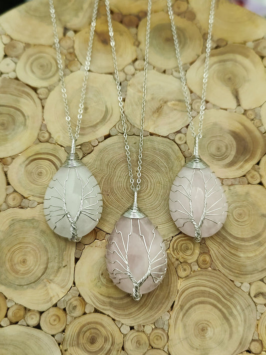 Rose Quartz Hand Wired Rain Drop Tree of Life Crystal Necklace Healing Gemstone Jewellery Natural Stone Boho Gift Crystal point