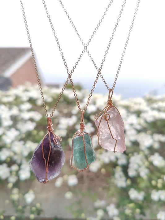 Wired Raw Stone Crystal Necklace Amethyst Rose Quartz Fluorite Unique 2 of each stone in stock