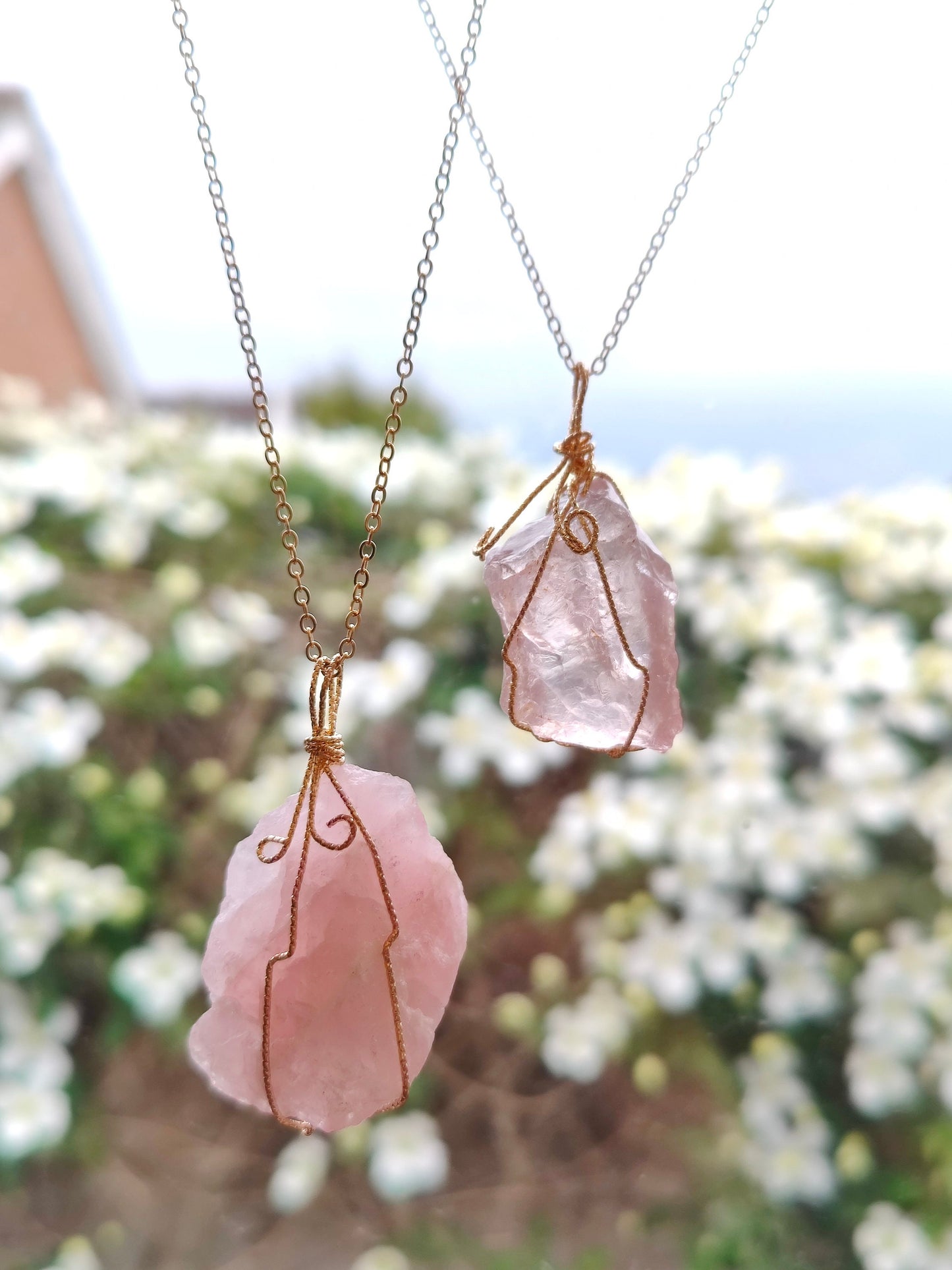Wired Raw Stone Crystal Necklace Amethyst Rose Quartz Fluorite Unique 2 of each stone in stock