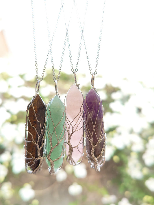 Hand-wired silver Life of tree Crystal Stone Necklace Clear Quartz Rose Quartz Aventurine Green