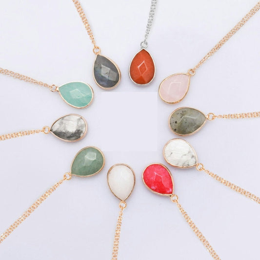 Gold crystal necklaces Water drop shapes diamond cuts Turquoise Rose Quartz