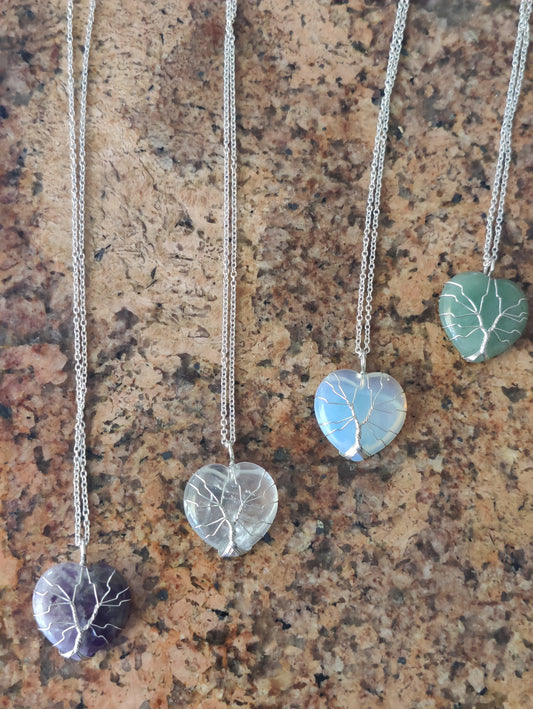 Silver Heart Hand Wired Crystal Chakra Natural Stone Crystal Necklace Pendants Amethyst Rose Quartz Aventurine Clear Crystal Quartz Opal