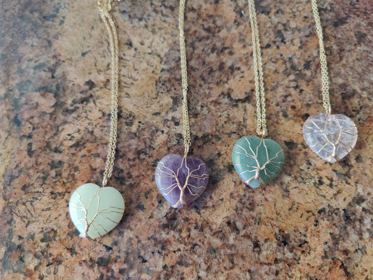 Gold Heart Hand Wired Crystal Chakra Natural Stone Crystal Necklace Pendants Amethyst Rose Quartz Aventurine Clear Crystal Quartz Opal