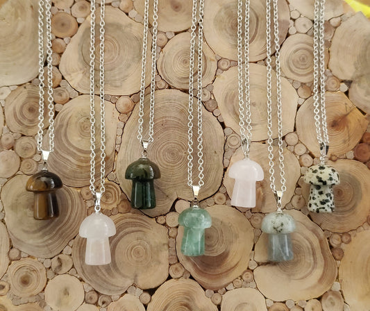 Mushroom Natural Crystal Stone Necklace Pendant Funky Cute Polished Chakra Stone Tiger's Eye Dalmationite