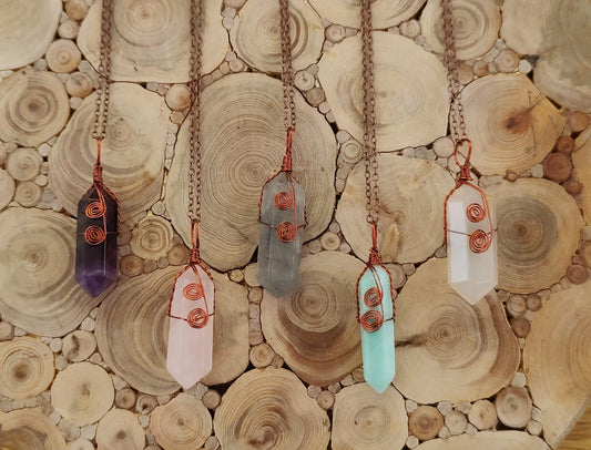 Copper Wired Wrapped Hexagonal Crystal Necklace Pendant Natural Stone Fluorite