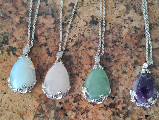 Silver Water Drop Rose Base Capped Crystal Chakra Natural Stone Necklace Pendants Amethyst Rose Quartz Aventurine Clear Crystal Quartz Opal
