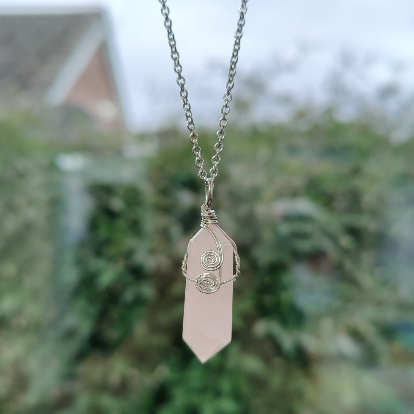 Silver Wired Wrapped Hexagonal Crystal Necklace Pendant Natural Stone Fluorite Rose Quartz Amethyst Tiger's Eye UK