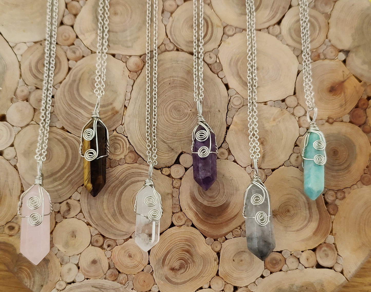 Silver Wired Wrapped Hexagonal Crystal Necklace Pendant Natural Stone Fluorite Rose Quartz Amethyst Tiger's Eye UK