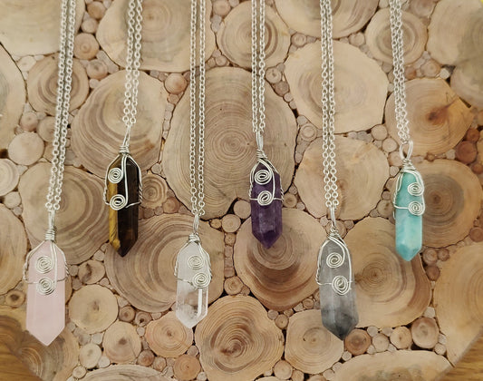 Silver Wired Wrapped Hexagonal Crystal Necklace Pendant Natural Stone Fluorite Rose Quartz Amethyst Tiger's Eye UK