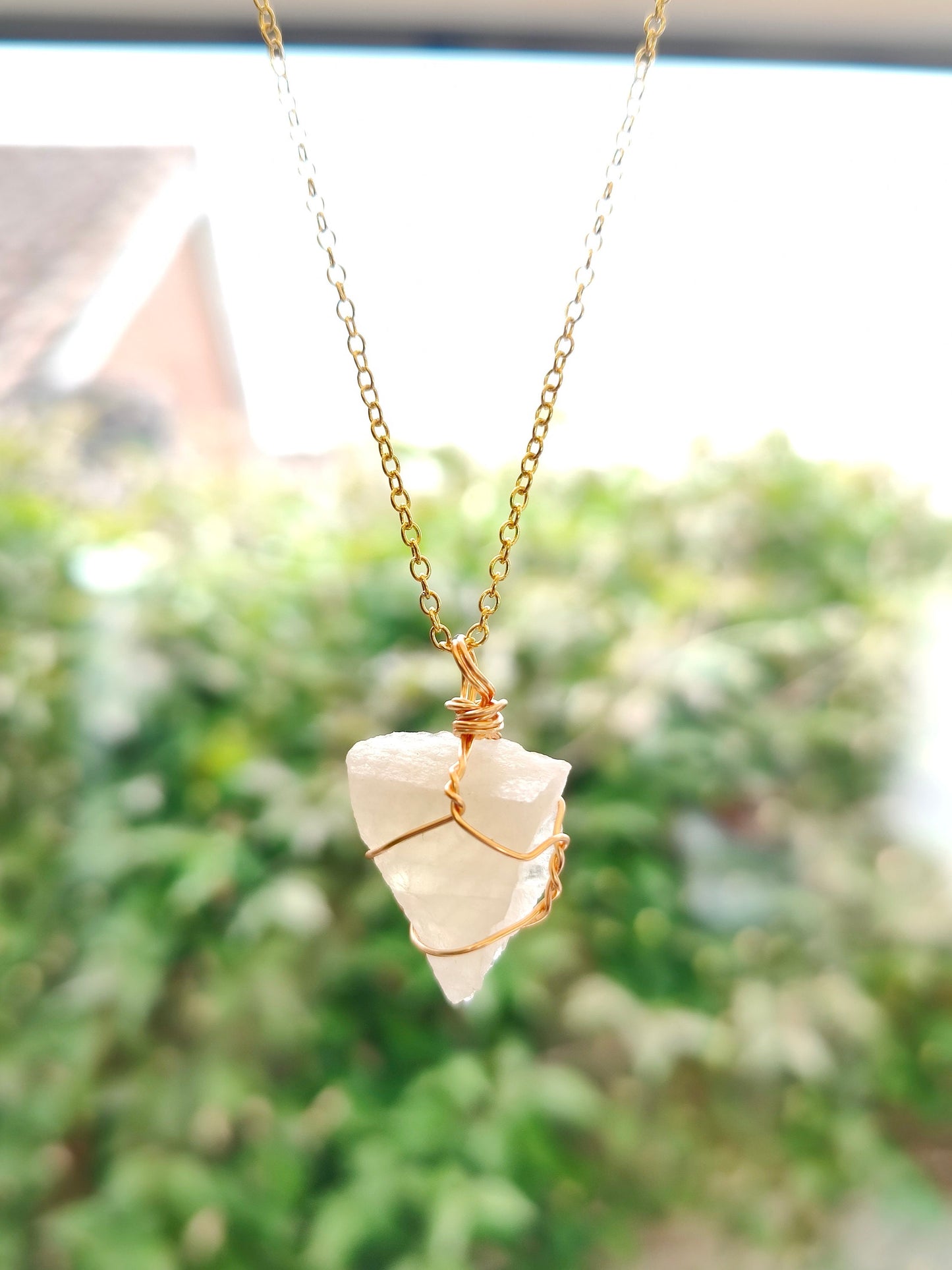Raw Stone Gold Wire Wrapped Natural Stone Crystal Necklace Pendant Tiger's Eye, Rose Quartz, Citrin