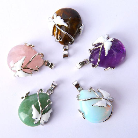 Butterfly Mounted Crystal Water Drop Natural Crystal Chakka Necklace Pendant Rose Quartz Opal Tiger's Eye Amethyst Aventurine Green