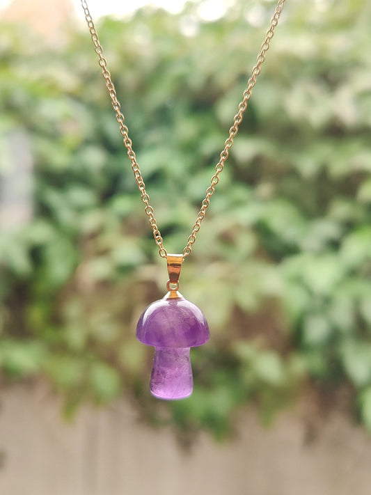 Gold Chain Amethyst Mushroom Natural Crystal Stone Necklace Pendant Funky Cute Polished Chakra Stone