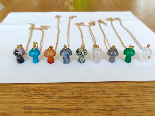 Gold Chain Jade Rhodonite Polished Mushroom Natural Crystal Stone Necklace Pendant Funky Cute Polished Chakra Stone