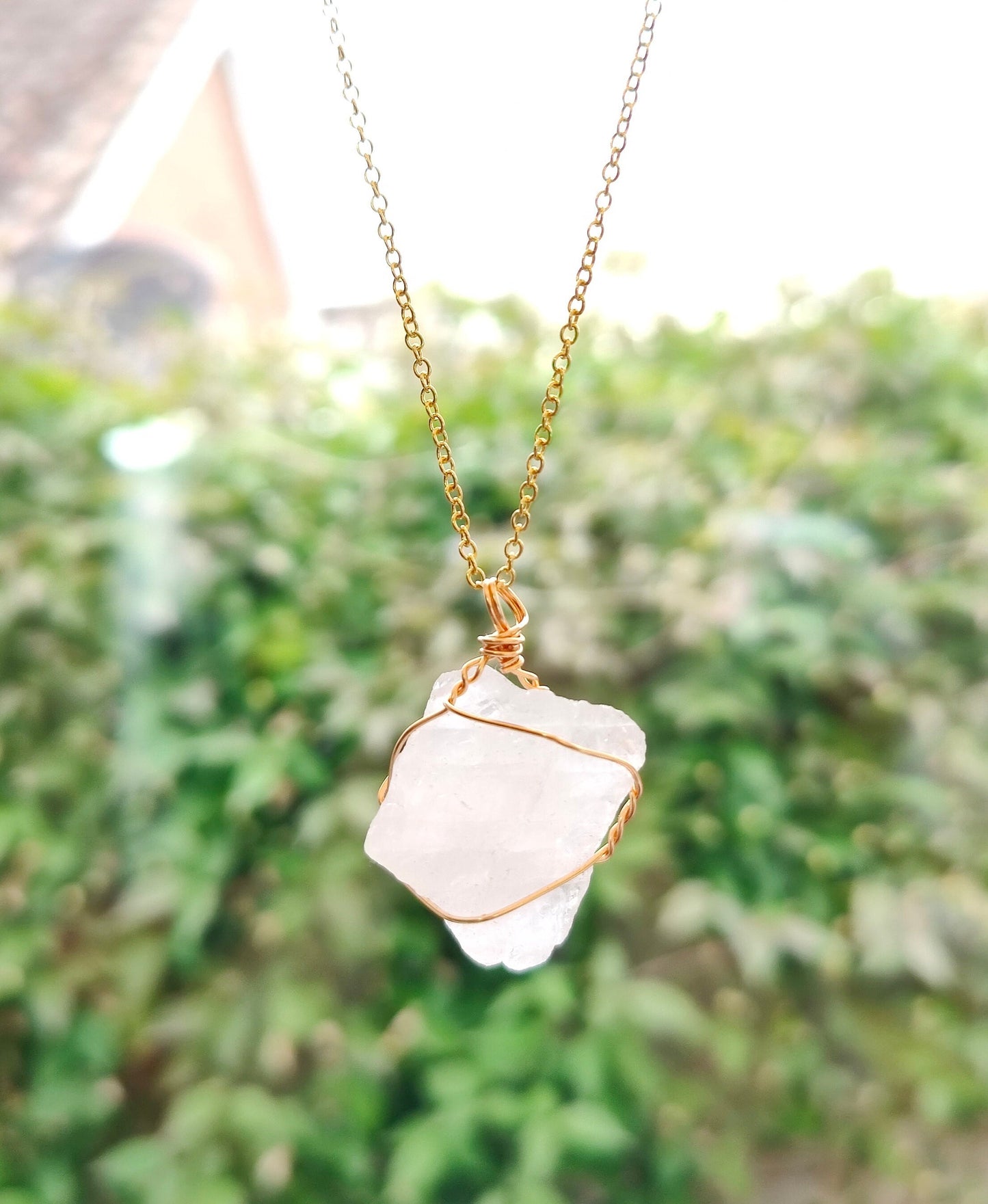 Raw Stone Gold Wire Wrapped Natural Stone Crystal Necklace Pendant Tiger's Eye, Rose Quartz, Citrin
