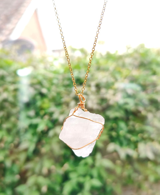 Raw Stone Gold Wire Wrapped Natural Stone Crystal Necklace Pendant Tiger's Eye, Rose Quartz, Citrin