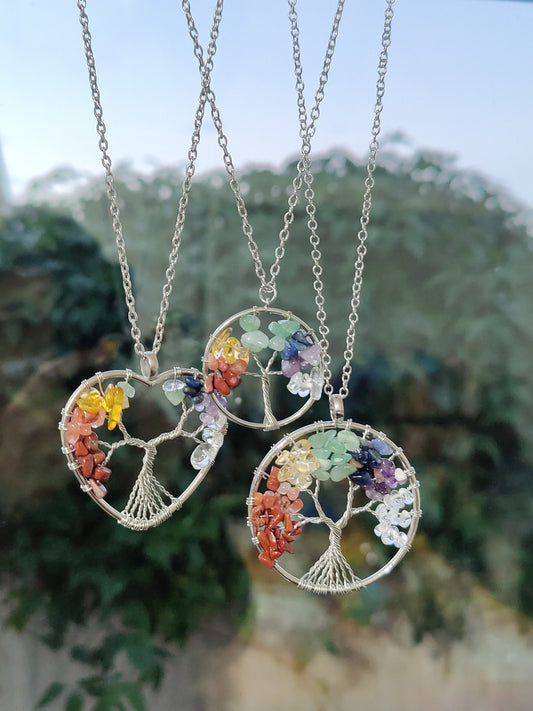 Multi Stones Tree of Life Rainbow Natural Crystal Necklace Pendant