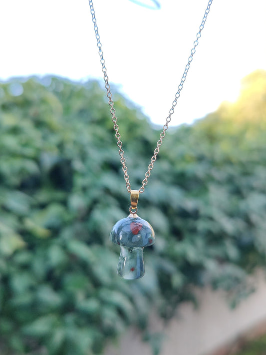 Gold Chain Blue Goldstone Blood Stone Mushroom Natural Crystal Stone Necklace Pendant Funky Cute Polished Chakra Stone