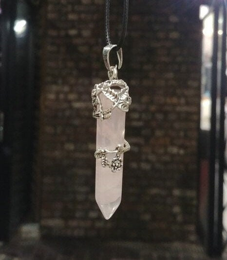 Rose Quartz Hexagon Embroidery Floral Cap Crystal Necklace Natural Stone