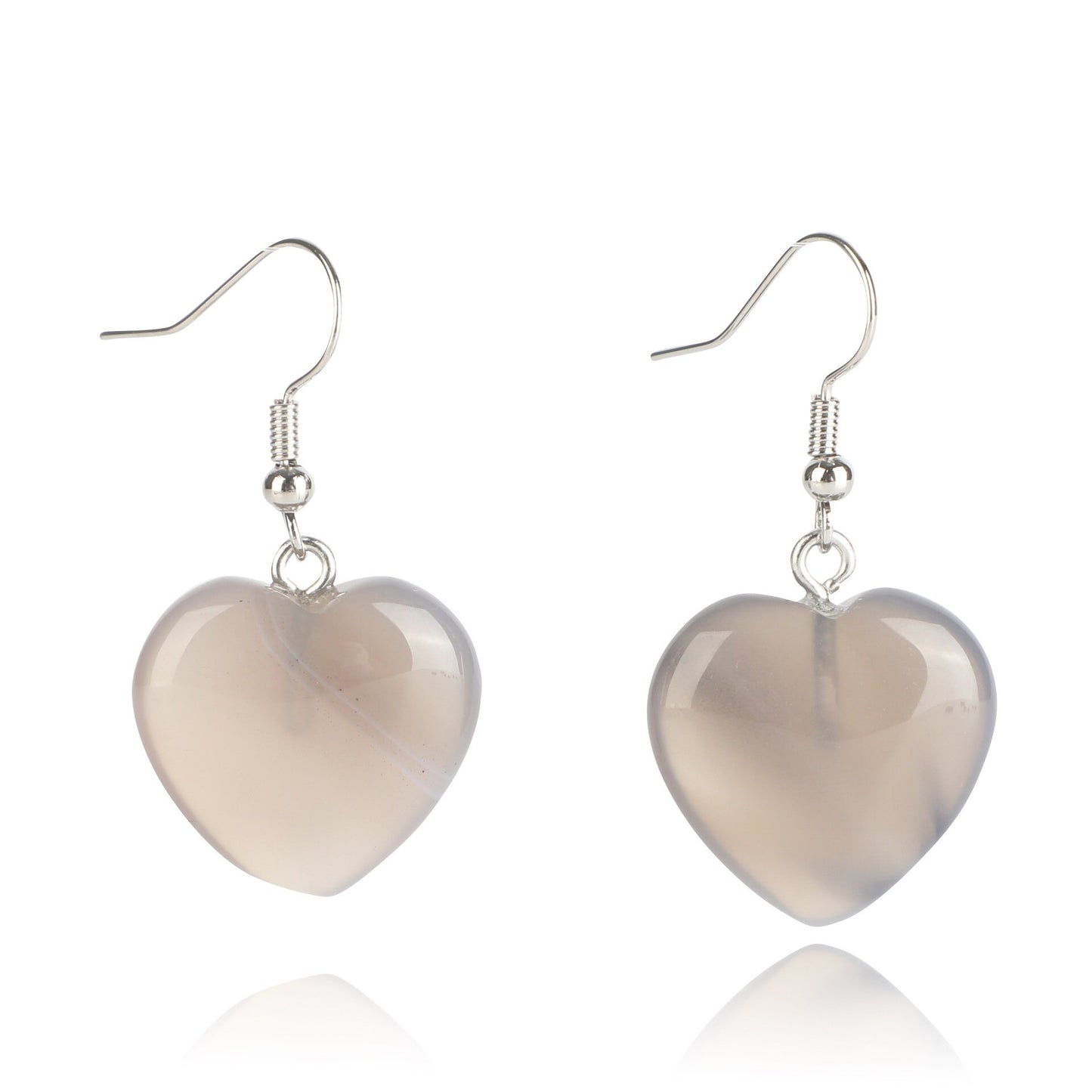 Natural Crystal Stone Smooth Polished Heart Dangly Hook Earrings UK Kambaba Jasper Green Moss Agate