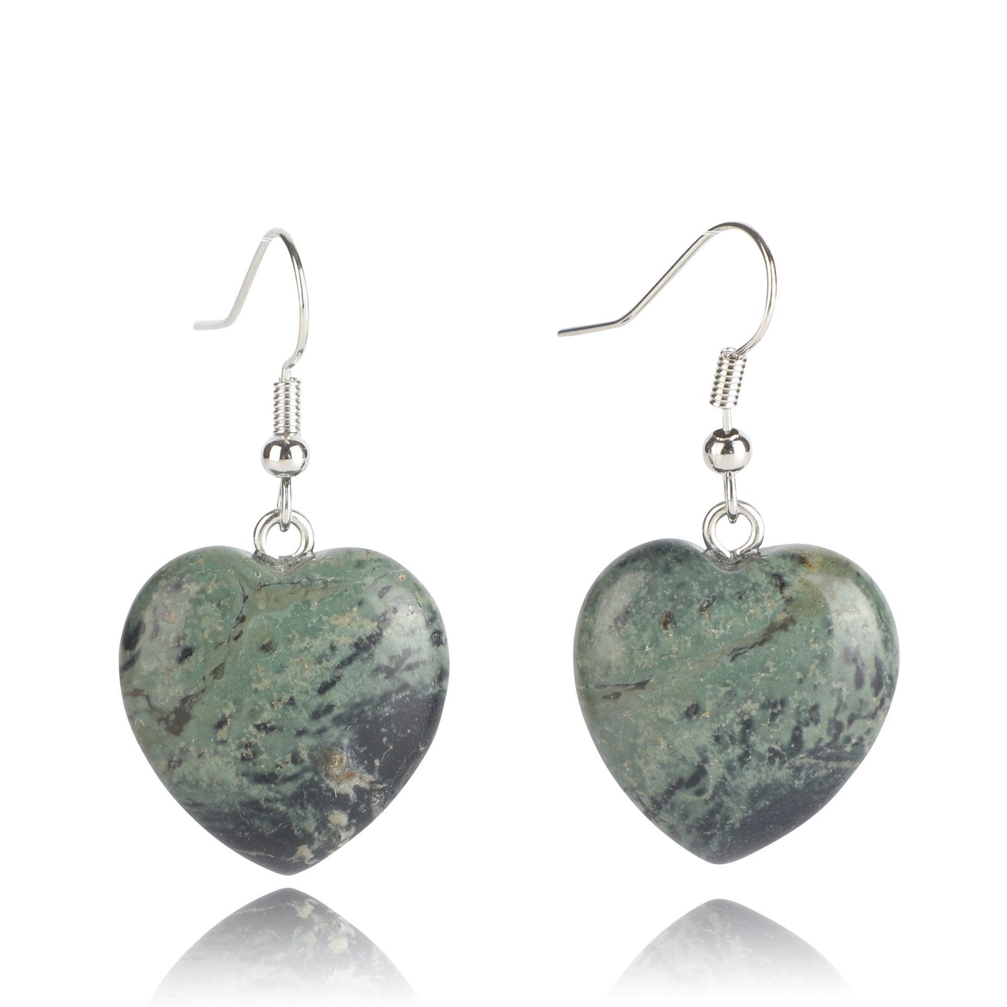 Natural Crystal Stone Smooth Polished Heart Dangly Hook Earrings UK Kambaba Jasper Green Moss Agate
