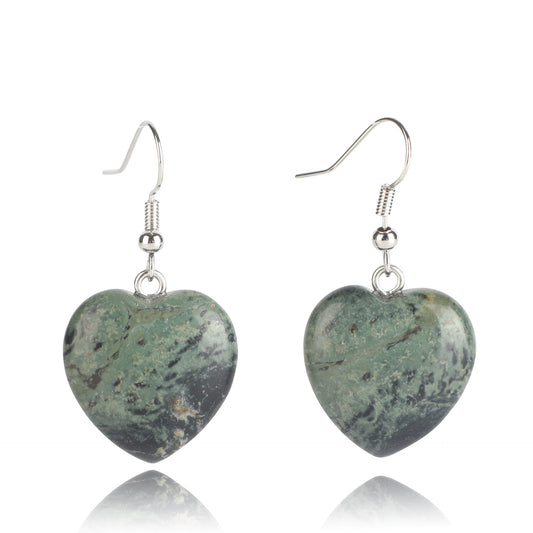 Natural Crystal Stone Smooth Polished Heart Dangly Hook Earrings UK Kambaba Jasper Green Moss Agate