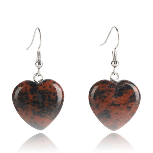 Crystal Stone Heart Shape Dangly Earrings Mahogany Obsidian UK