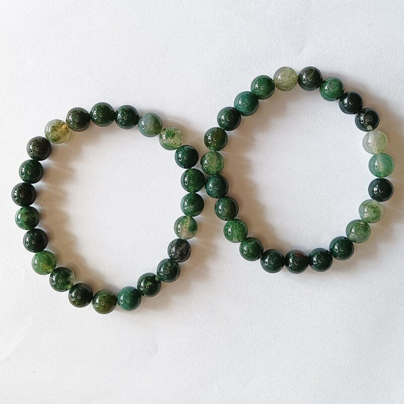 Moss Agate Natural Crystal  Bracelet Sphere Beads Elastic