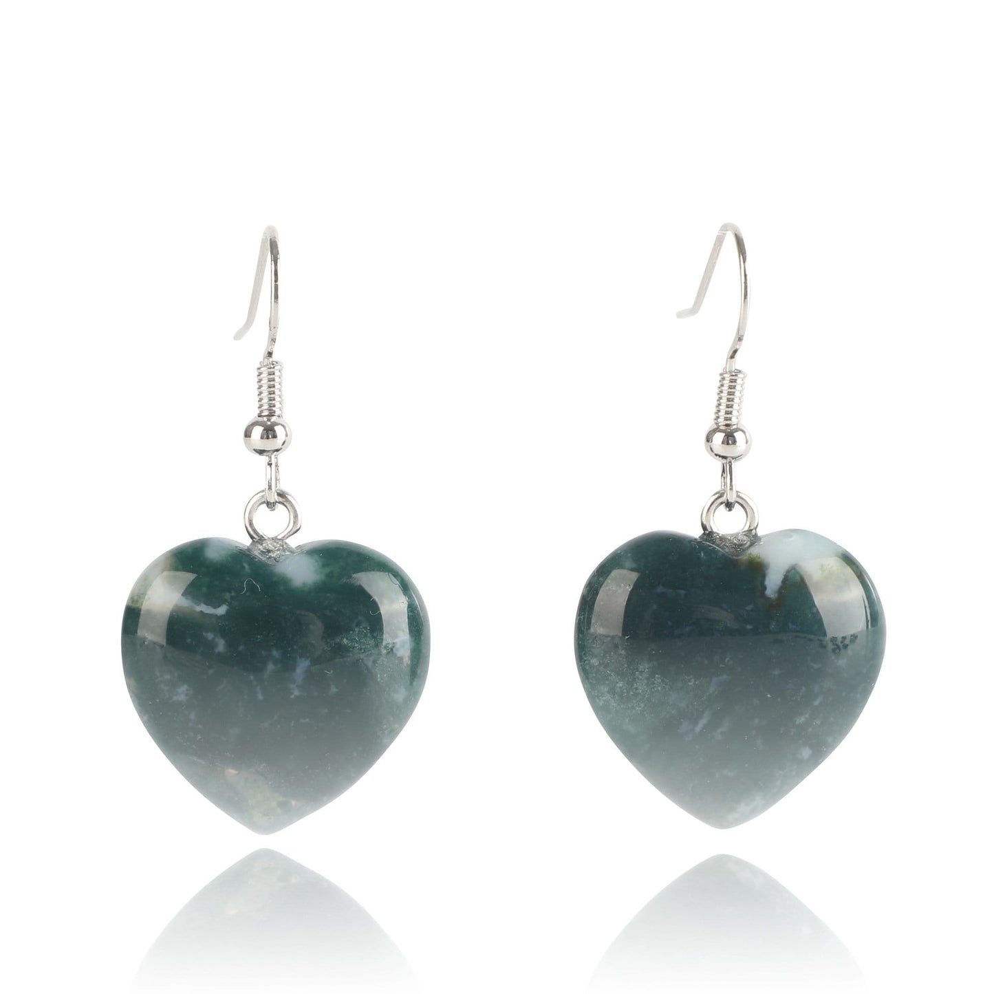 Natural Crystal Stone Smooth Polished Heart Dangly Hook Earrings UK Kambaba Jasper Green Moss Agate