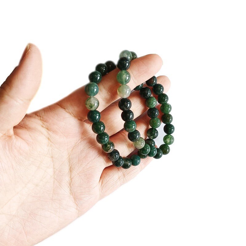 Moss Agate Natural Crystal  Bracelet Sphere Beads Elastic