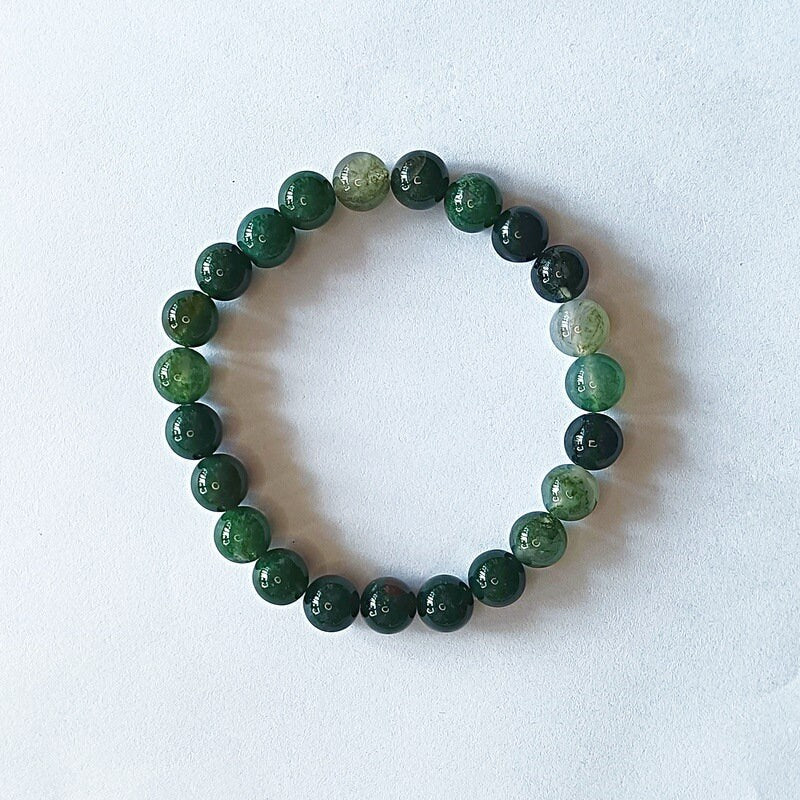 Moss Agate Natural Crystal  Bracelet Sphere Beads Elastic