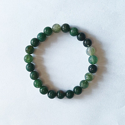 Moss Agate Natural Crystal  Bracelet Sphere Beads Elastic
