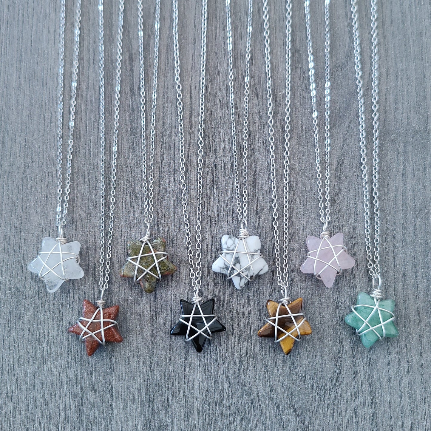 Silver Stars Wire Wrapped Natural Crystal Stone Necklace