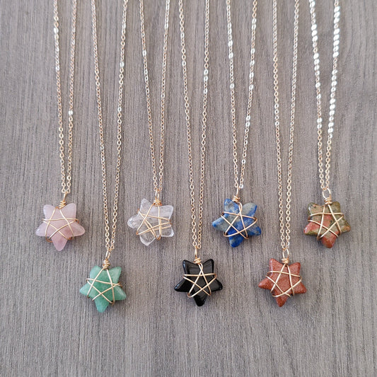 Gold Stars Wire Wrapped Necklace Natural Crystal Stone