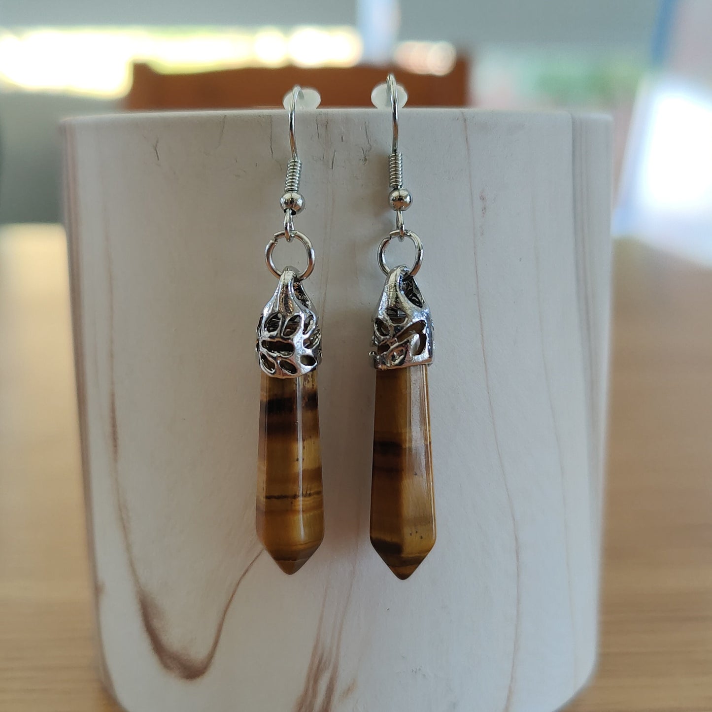 Hexagon Earring Natural Crystal Stone Tiger's Eye Hooks Dangling Earrings Handmade in UK