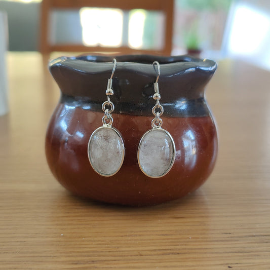 Silver Oval Dangling Aventurine Amethyst Rose Quartz Earrings Stainless Steel Hooks Handmade UK