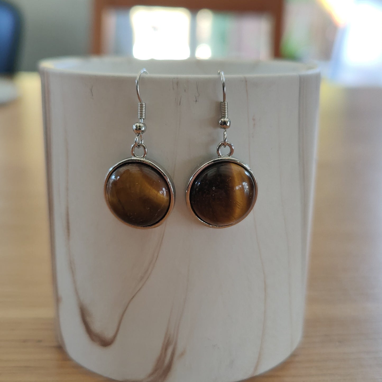 Circle Natural Crystal Stone Dangling Earrings Handmade in UK
