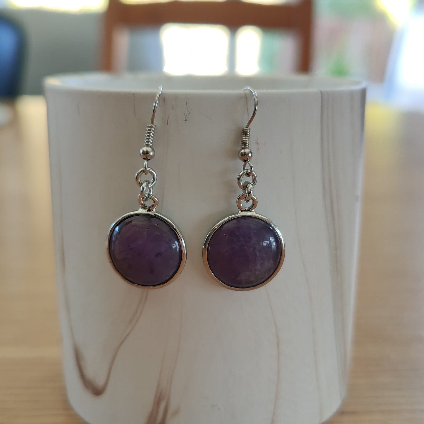 Circle Natural Crystal Stone Dangling Earrings Handmade in UK